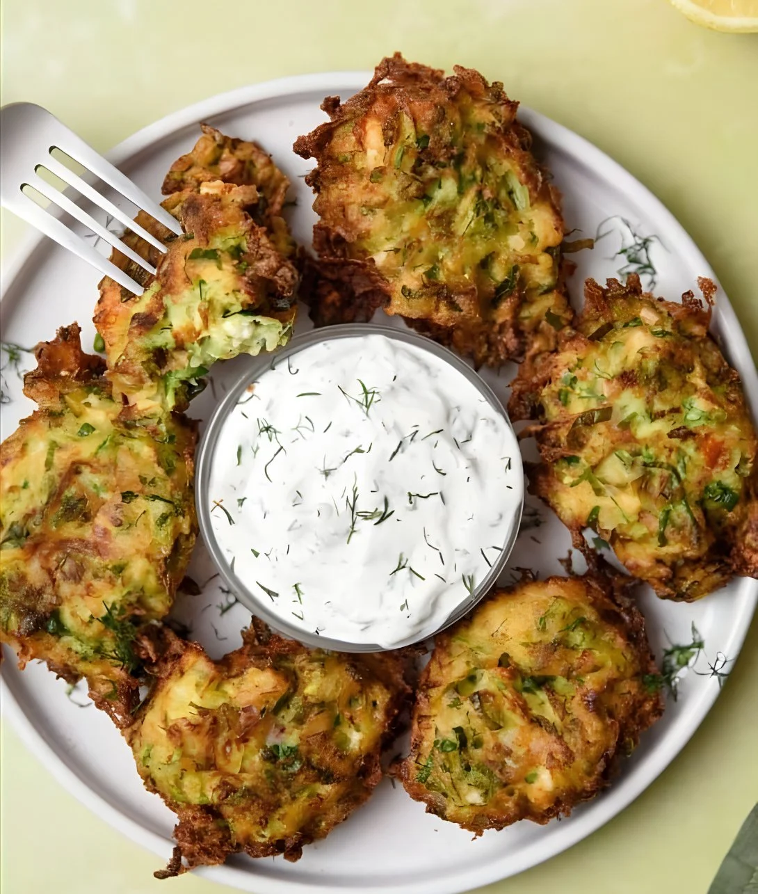 Delicious Greek zucchini fritters served with yogurt sauce on a plate