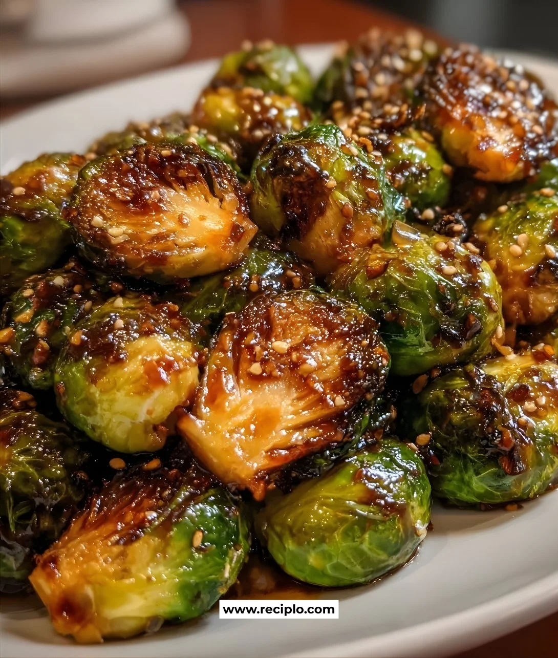 Plate of honey garlic roasted Brussels sprouts garnished with herbs