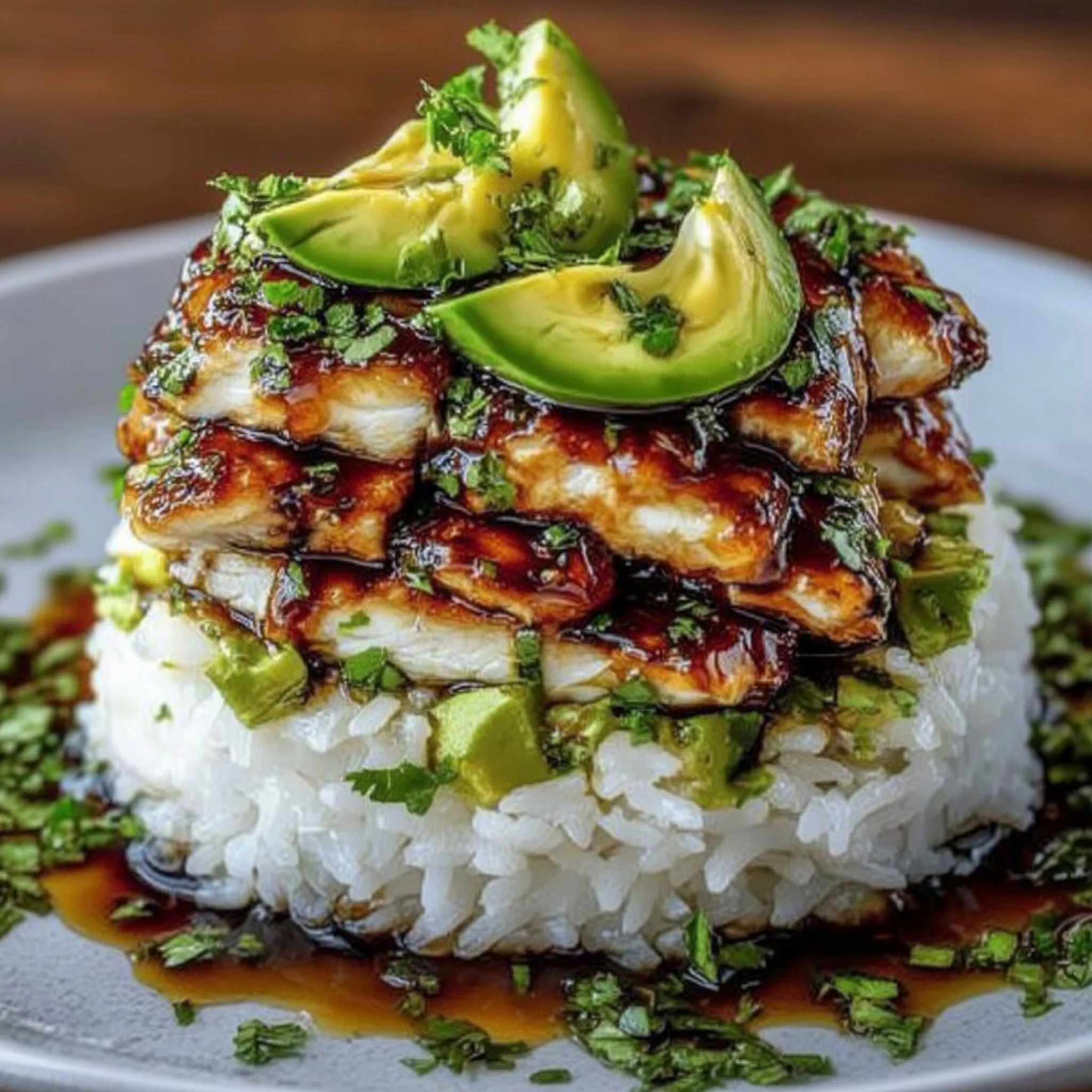 Honey Lime Chicken and Avocado Rice Stack ready to serve