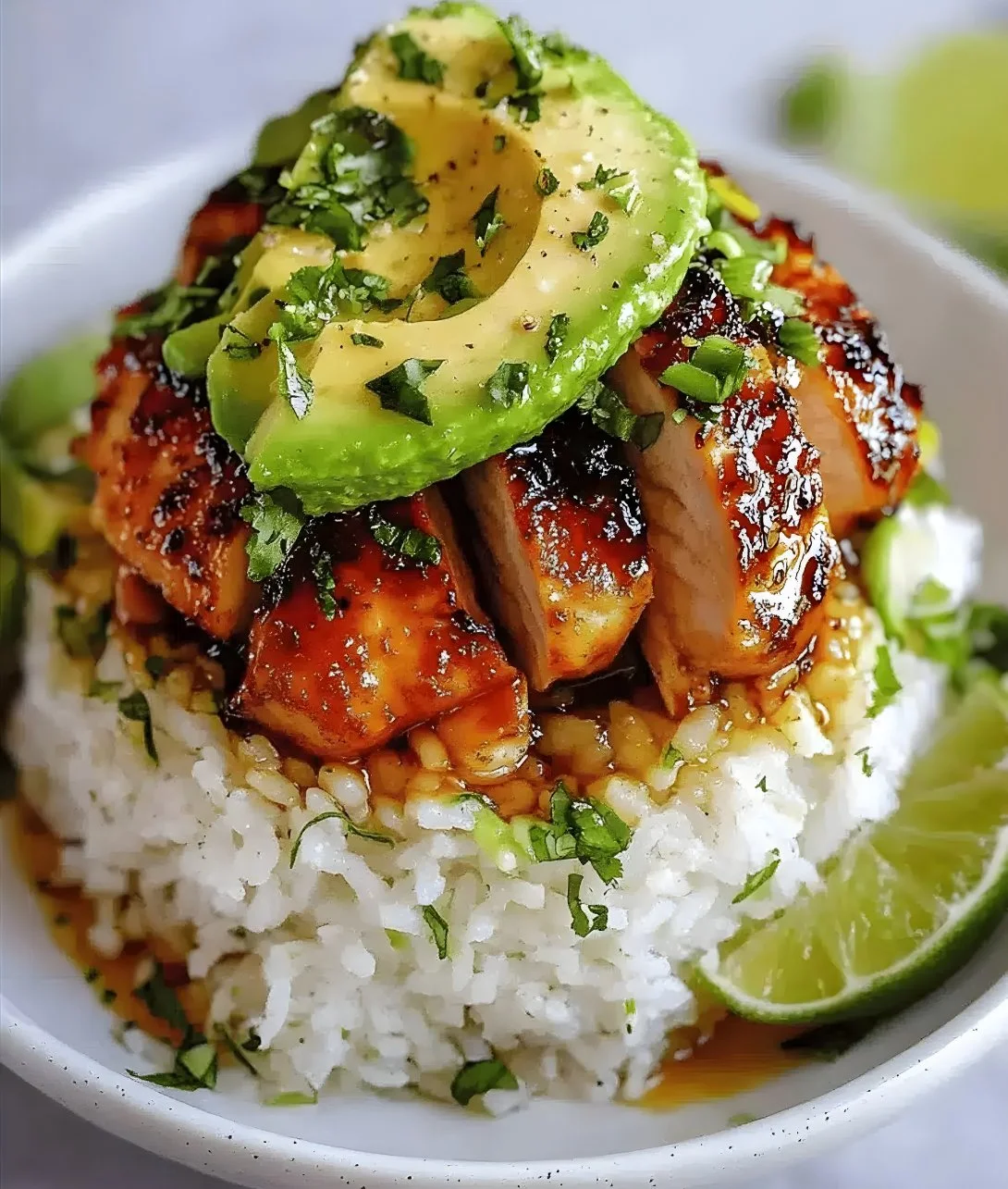 Honey Lime Chicken with Avocado Rice Stack served on a plate
