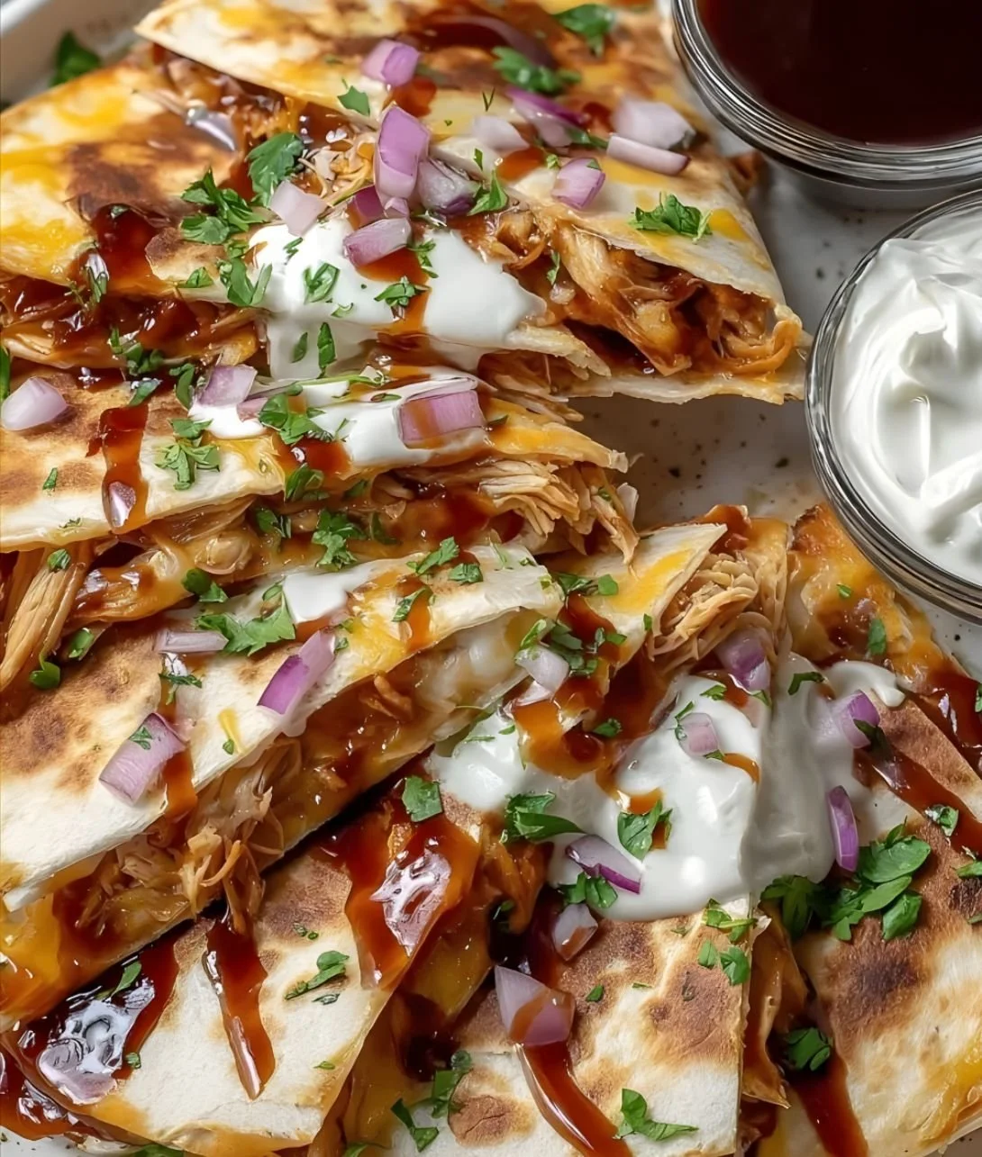 Delicious Hot Honey BBQ Chicken Quesadillas on a plate