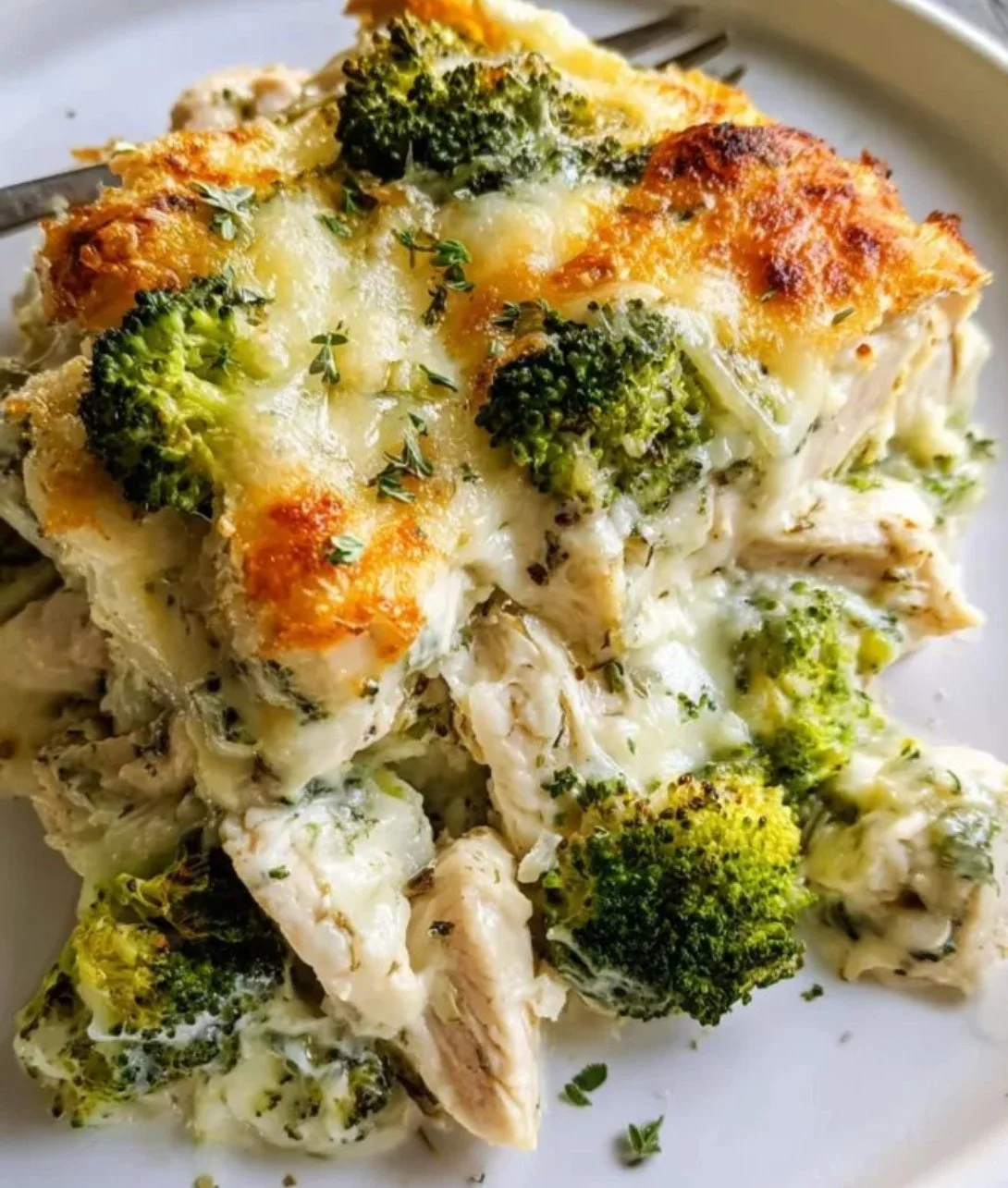 Keto Chicken Alfredo Broccoli Bake served on a plate with broccoli and cheese