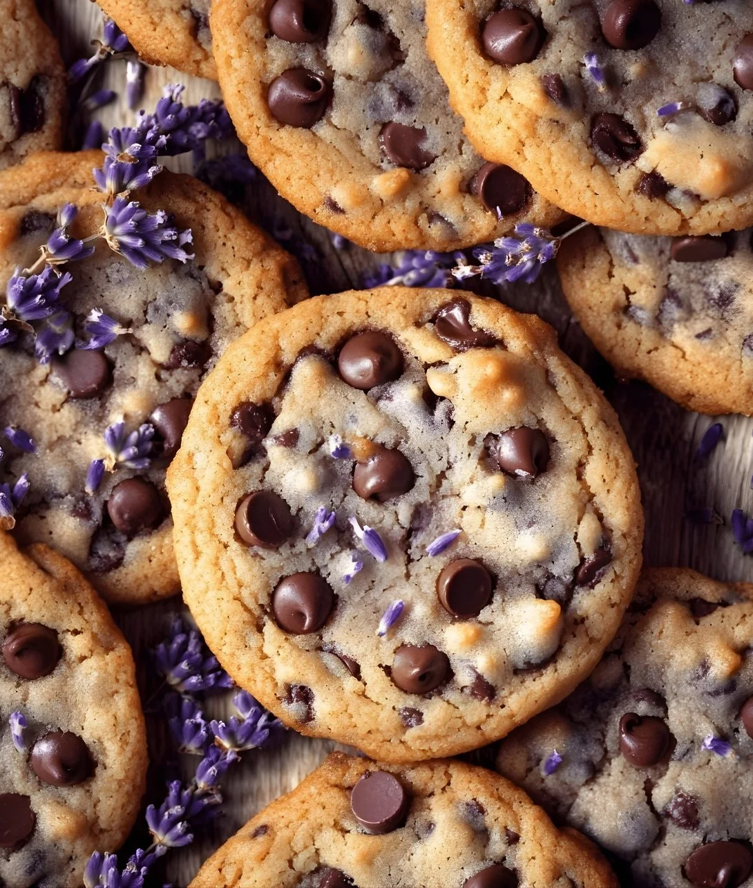 Lavender Chocolate Chip Cookies fresh out of the oven, topped with lavender sprigs.