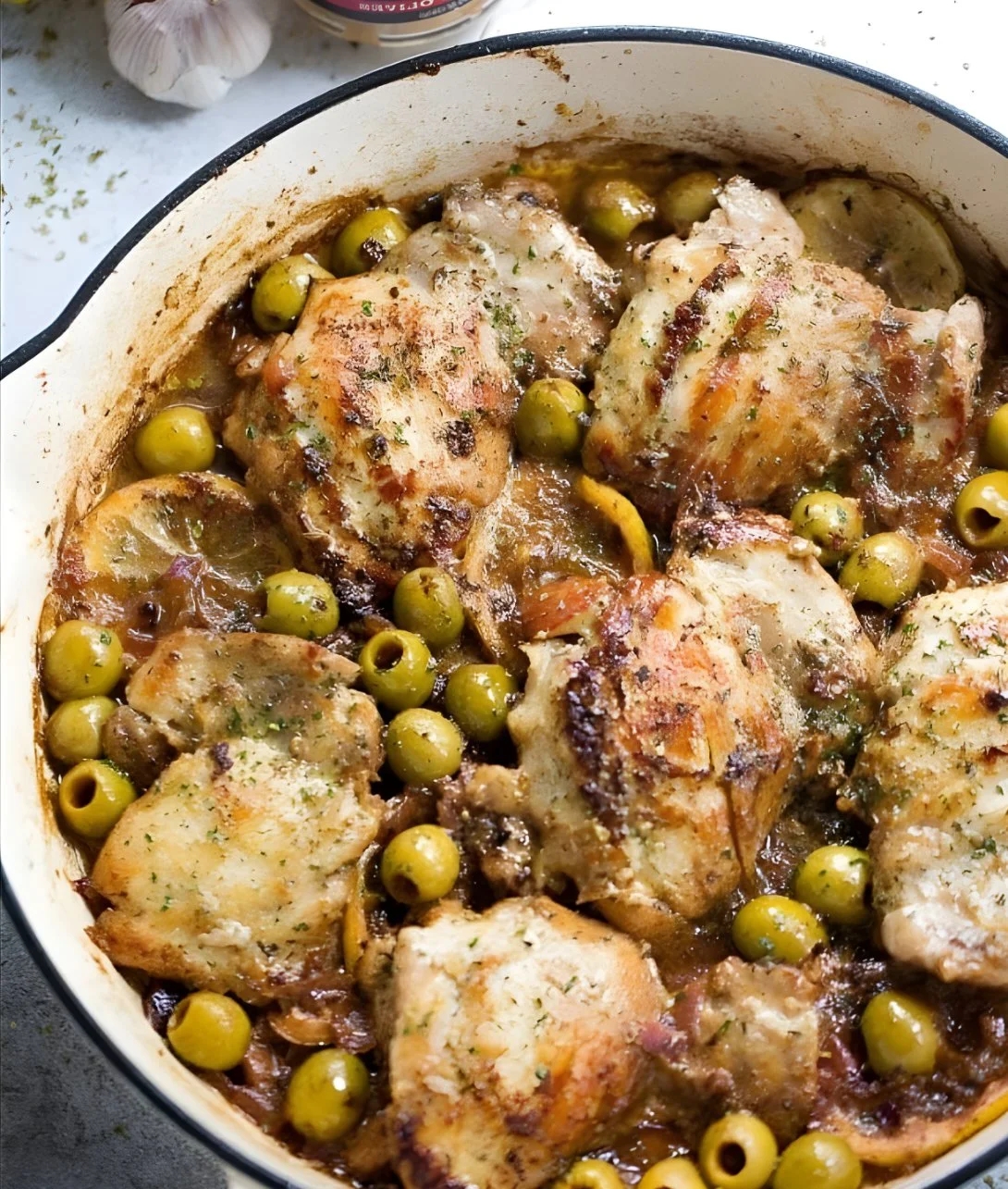 Mediterranean Chicken with lemons and olives on a plate garnished with herbs