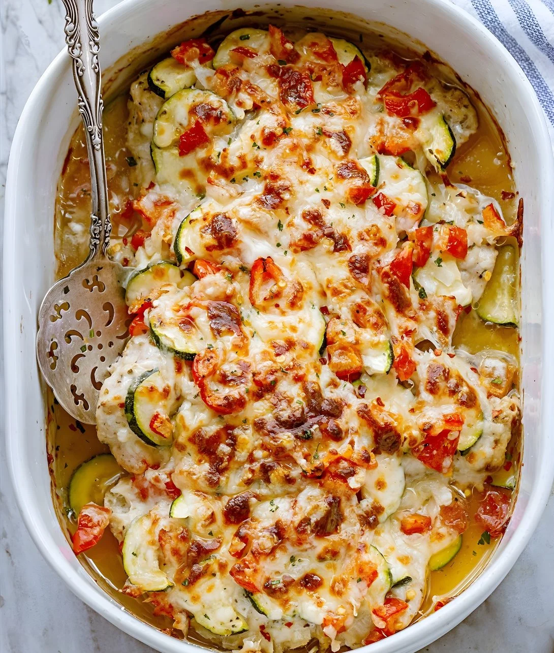 Mediterranean Chicken Zucchini Bake topped with herbs and cheese
