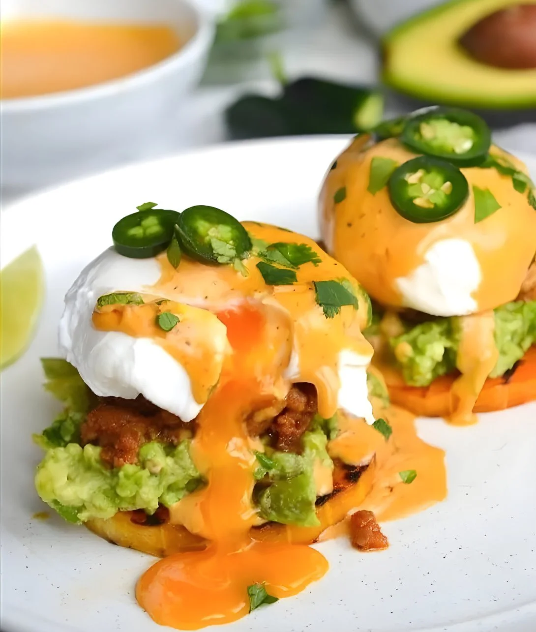Delicious Mexican Eggs Benedict with poached eggs and vibrant toppings