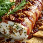 Million Dollar Bacon Goat Cheese Appetizer Log served on a wooden platter