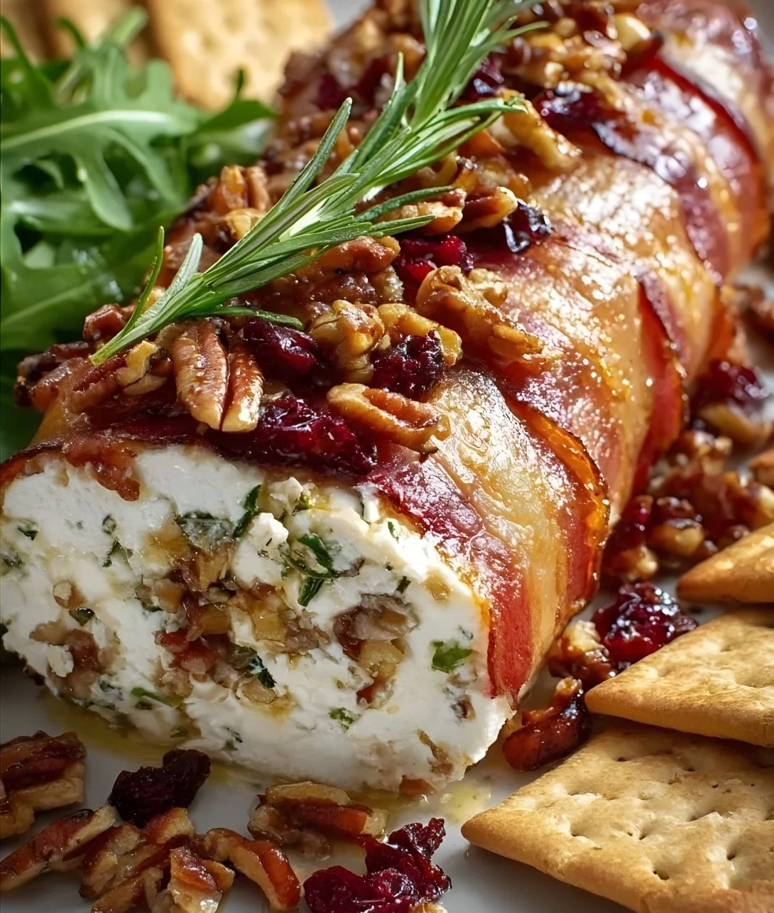 Million Dollar Bacon Goat Cheese Appetizer Log served on a wooden platter