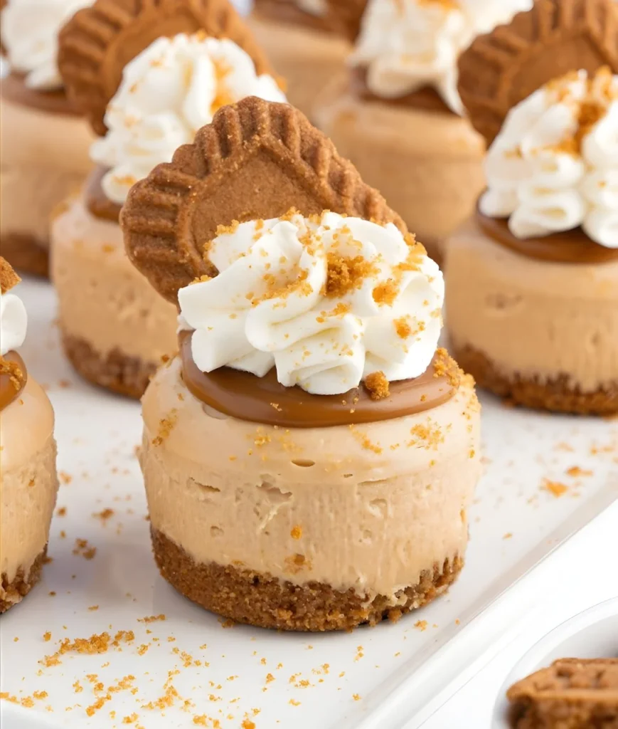 Mini Biscoff Cheesecakes topped with caramel drizzle on a dessert plate