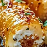 Oven fried feta rolls with chili honey on a plate