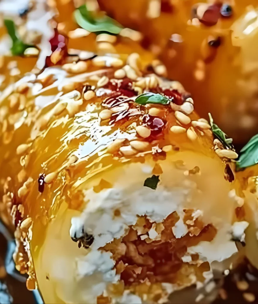 Oven fried feta rolls with chili honey on a plate