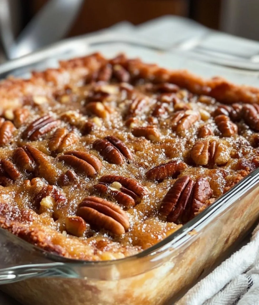 Pecan pie dump cake served in a rustic dish with a scoop of whipped cream