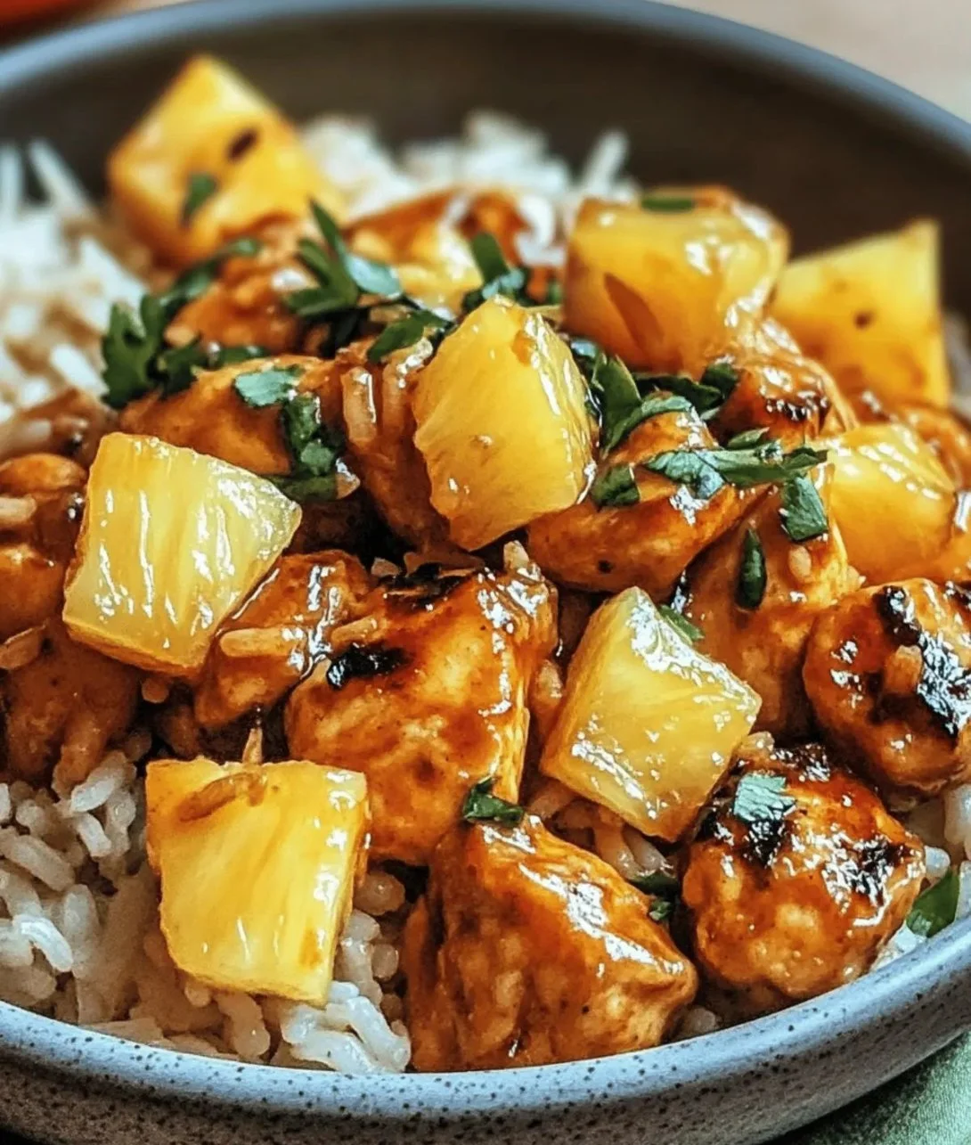 Delicious Pineapple Chicken served with rice, garnished with fresh herbs.