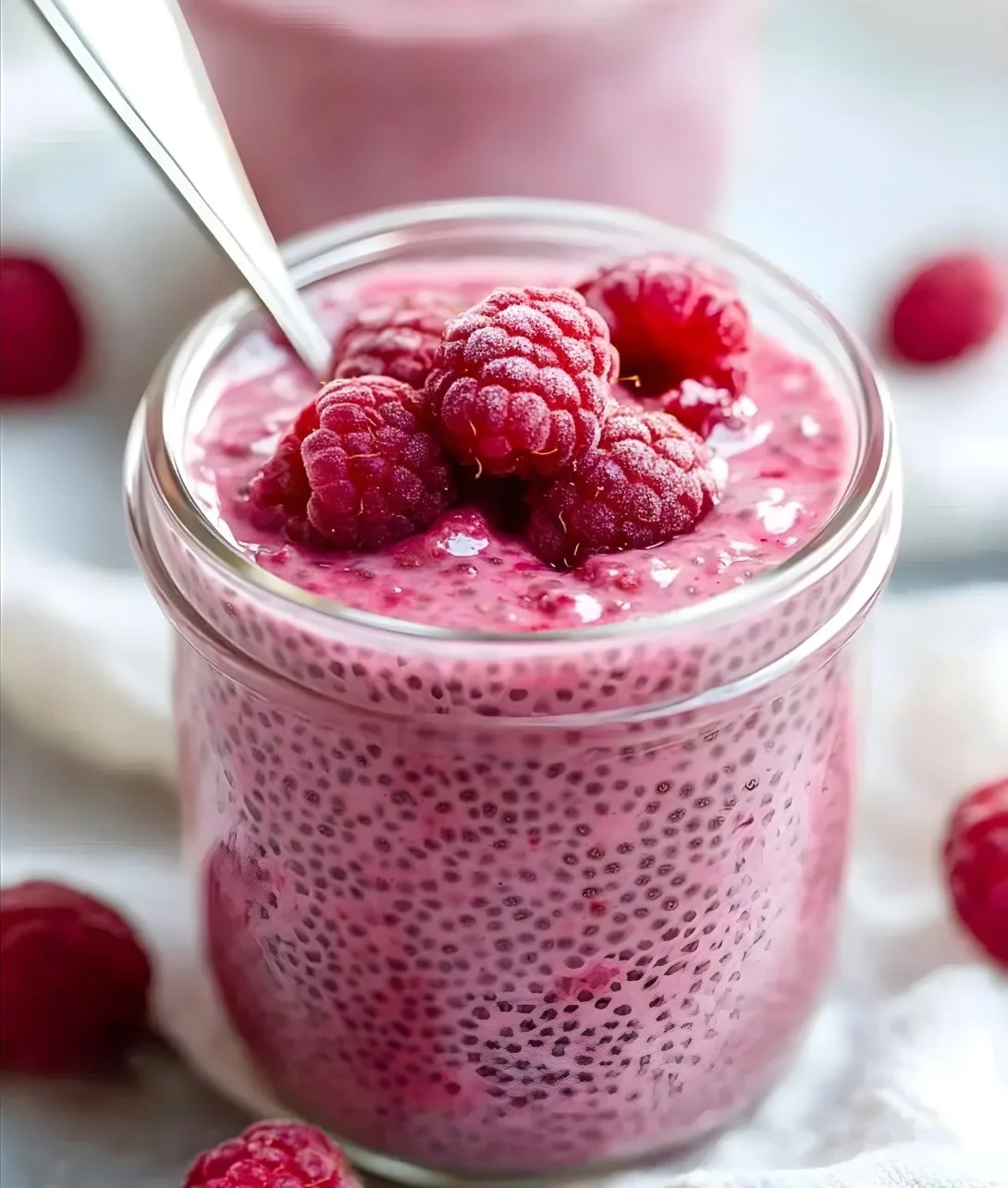 Bowl of delicious raspberry chia pudding topped with fresh raspberries and mint
