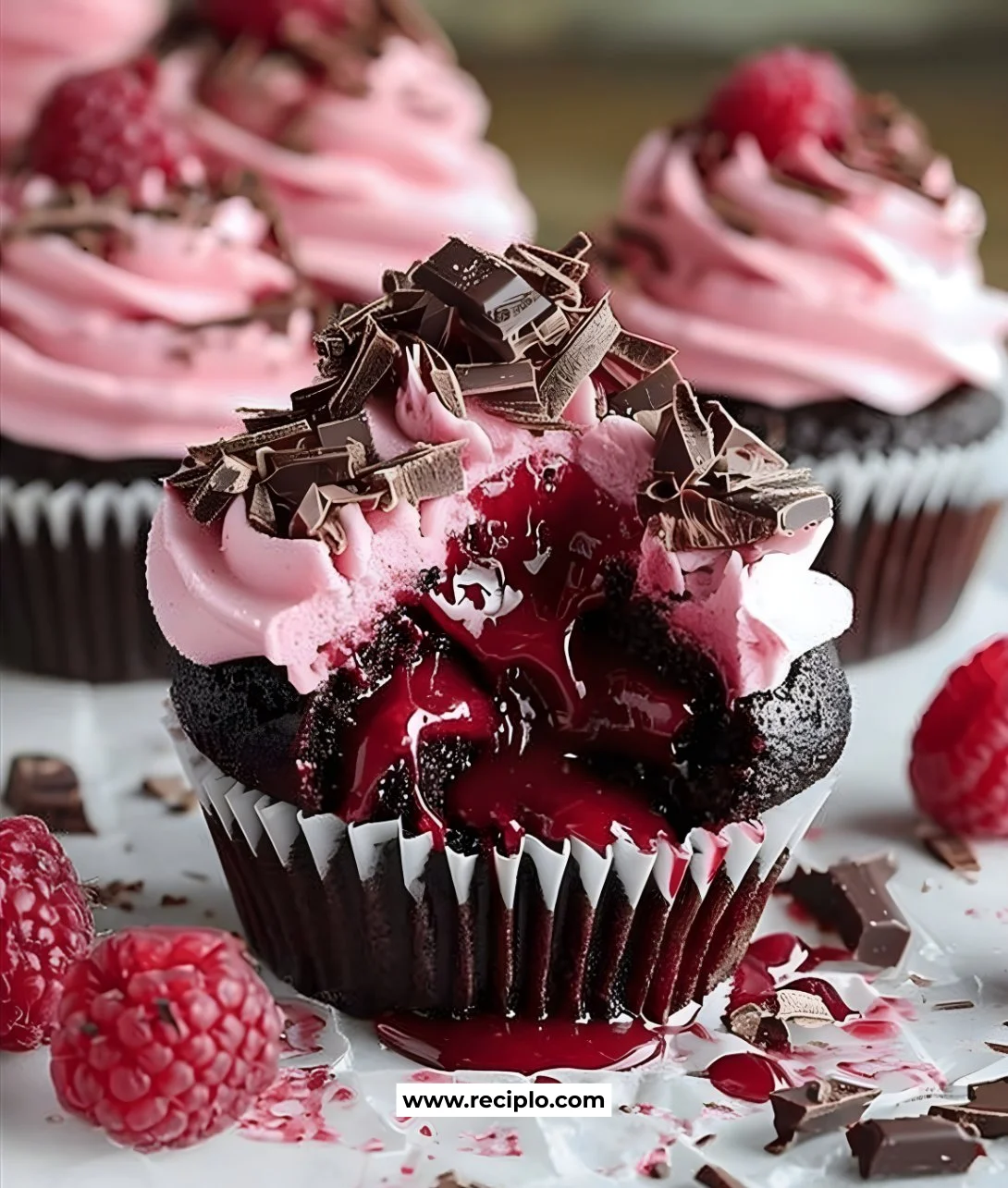Raspberry Chocolate Lava Cupcakes with molten chocolate center and fresh raspberries
