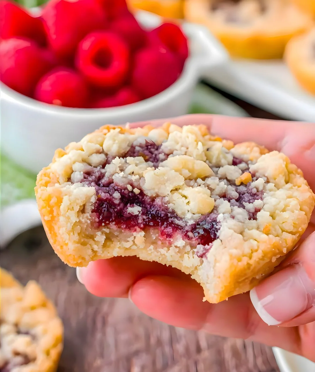 Homemade Raspberry Crumble Cookies on a plate, showcasing their crumbly texture.