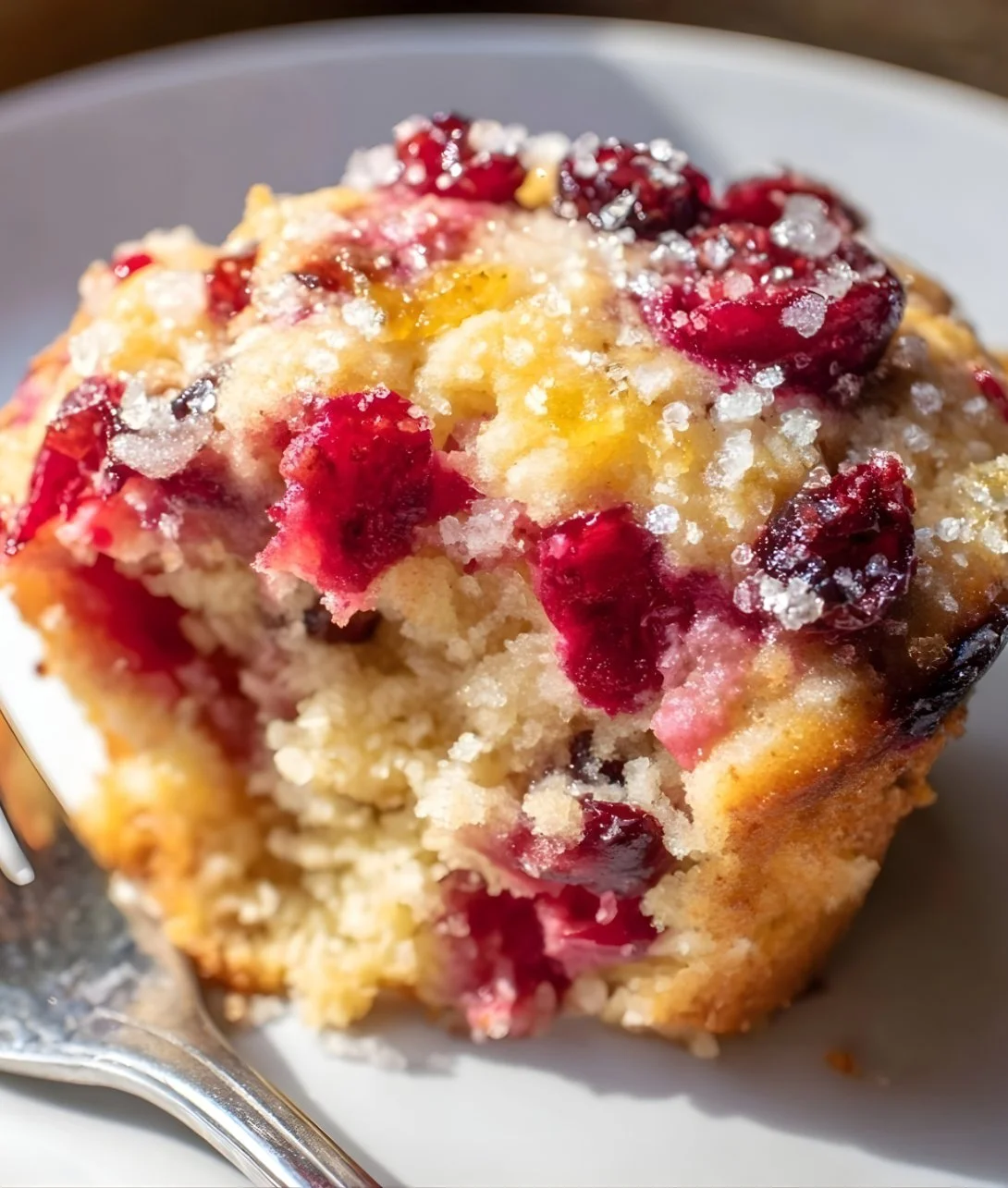 Freshly baked Ricotta Cranberry Orange Muffins on a rustic wooden table