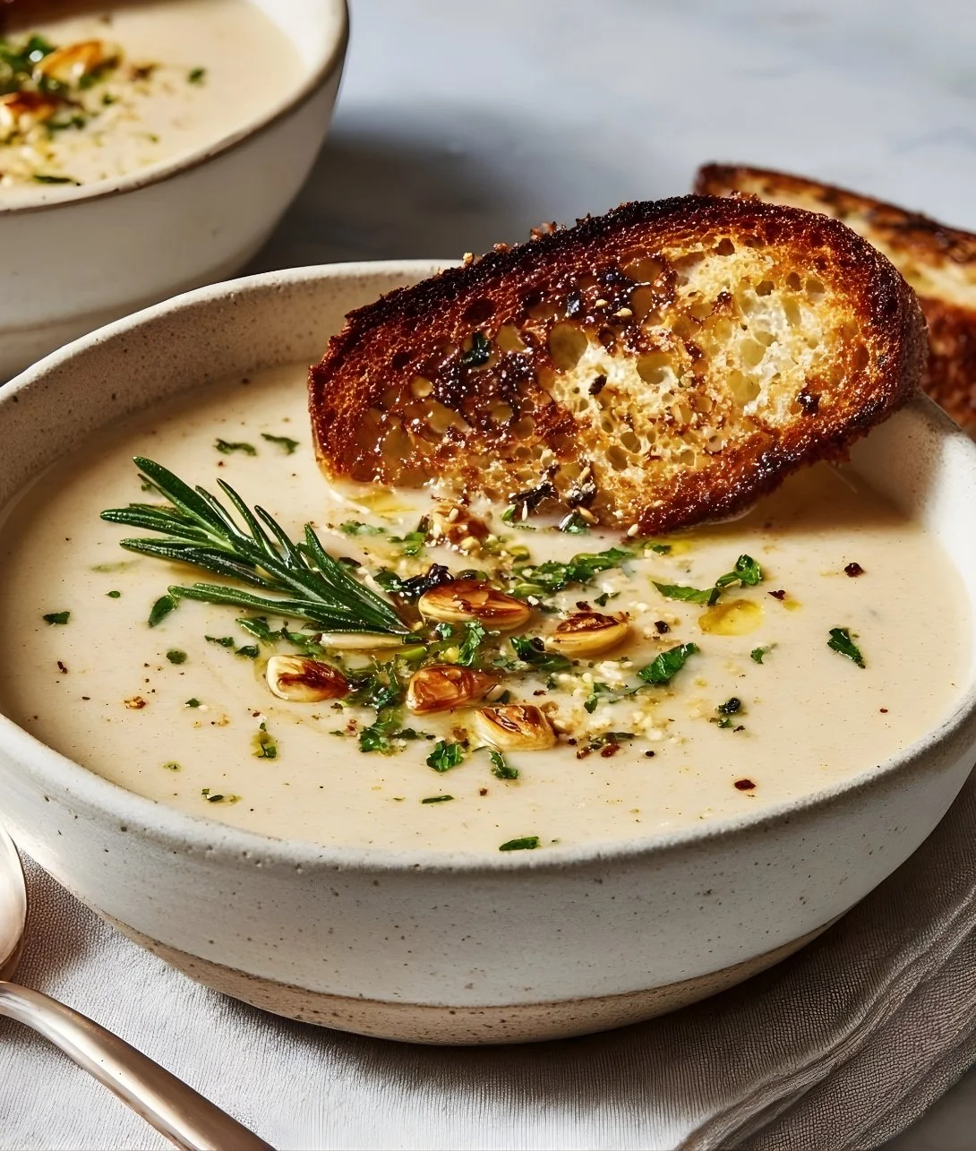 Bowl of Rosemary and Roasted Garlic White Bean Soup garnished with herbs