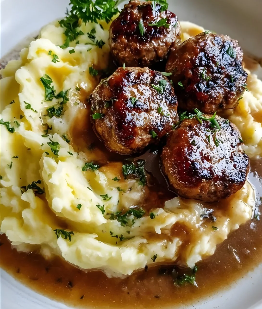 Salisbury steak meatballs served with garlic herb mashed potatoes on a plate.