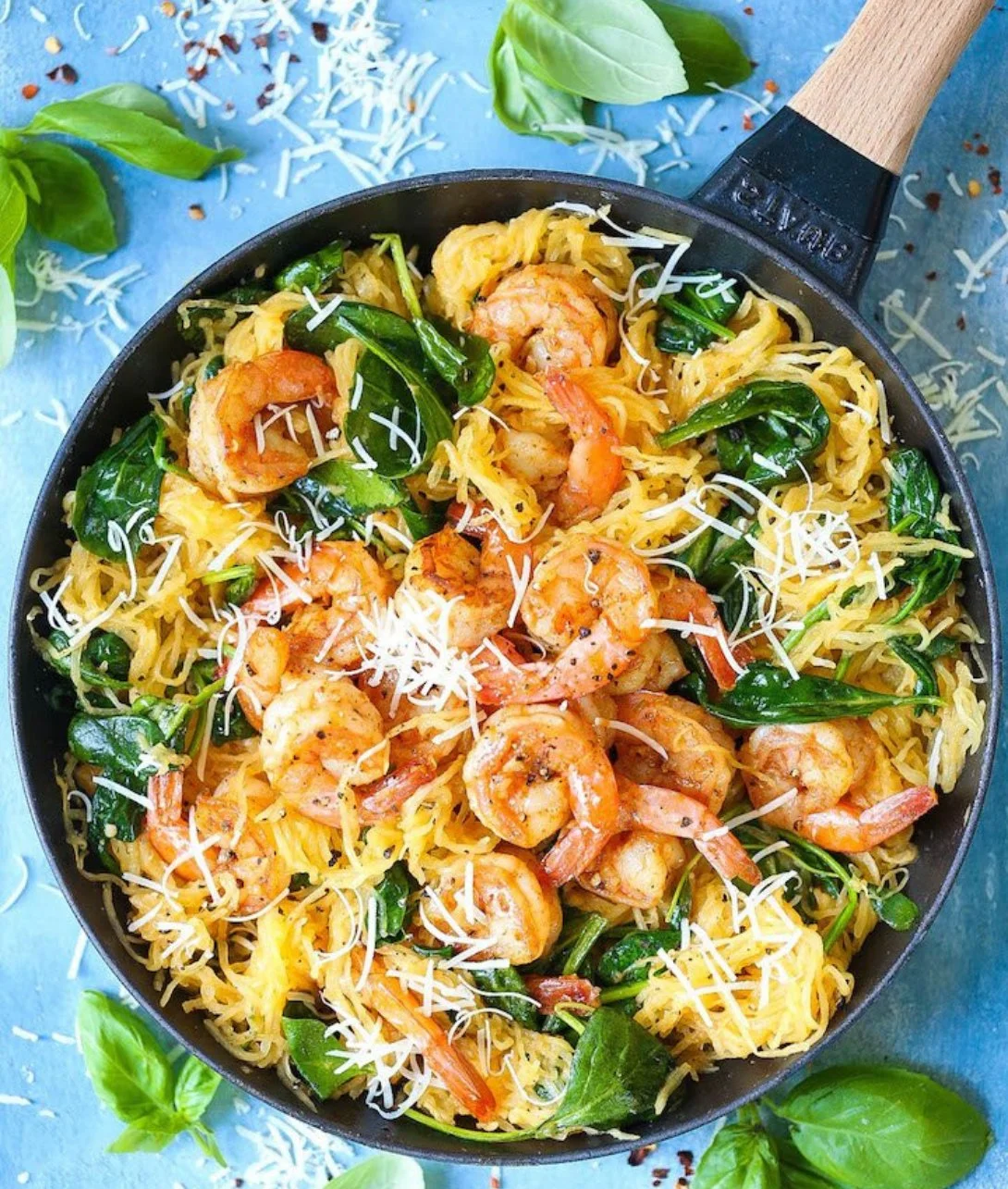 Shrimp scampi served over spaghetti squash garnished with parsley