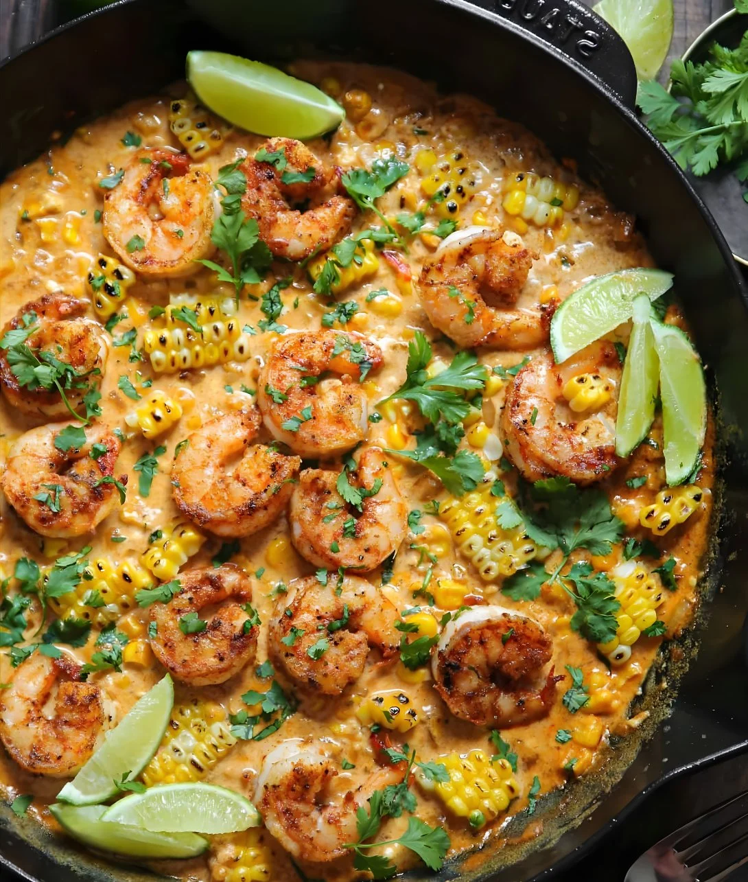 Delicious shrimp with creamed corn dish served on a plate.