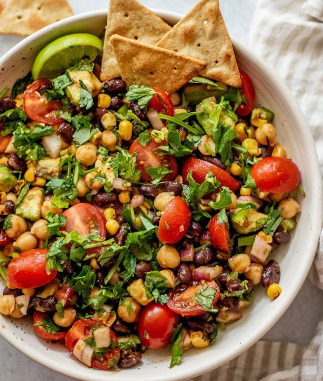 Colorful Southwest Chickpea Black Bean Salad served in a bowl