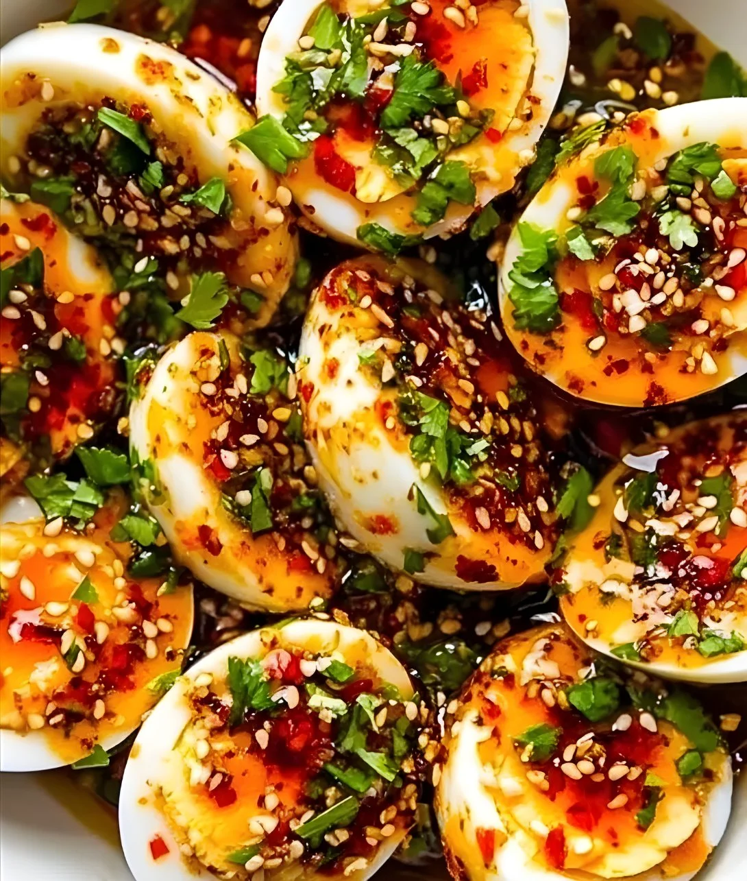 Spicy Chili Garlic Deviled Eggs on a serving platter