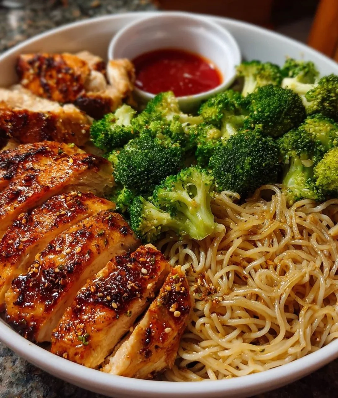 Spicy Garlic Chicken and Broccoli Noodle Bowl with vibrant vegetables