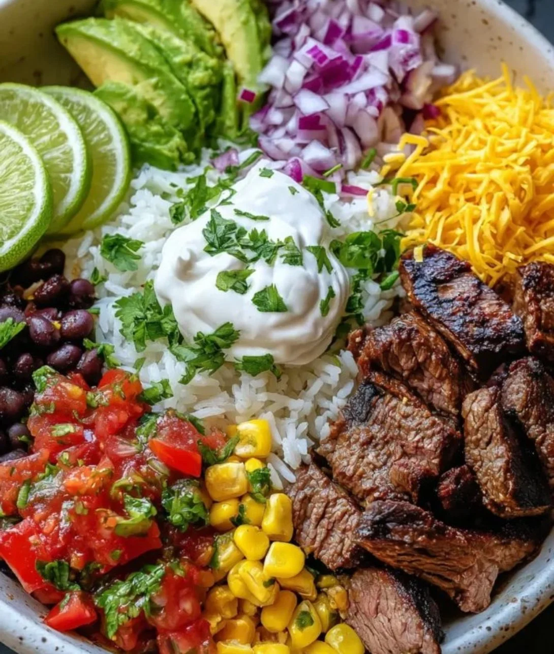 Delicious Steak Burrito Bowl with steak, rice, beans, and fresh toppings