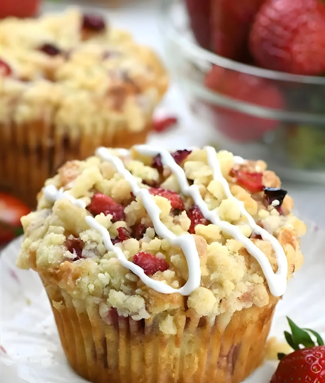 Freshly baked Strawberry Cream Cheese Muffins with strawberries and cream cheese filling