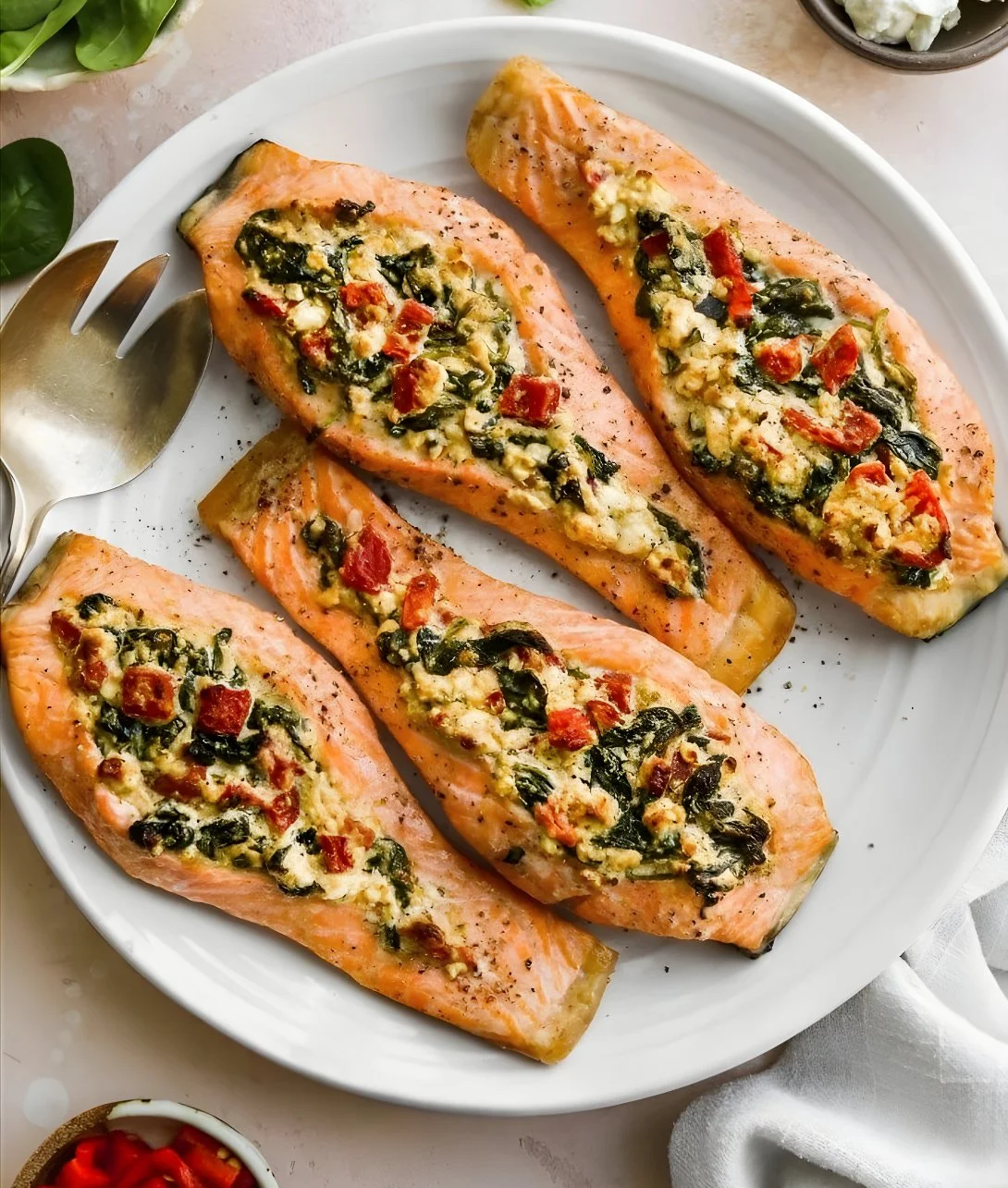 Stuffed salmon with spinach and feta on a plate garnished with herbs