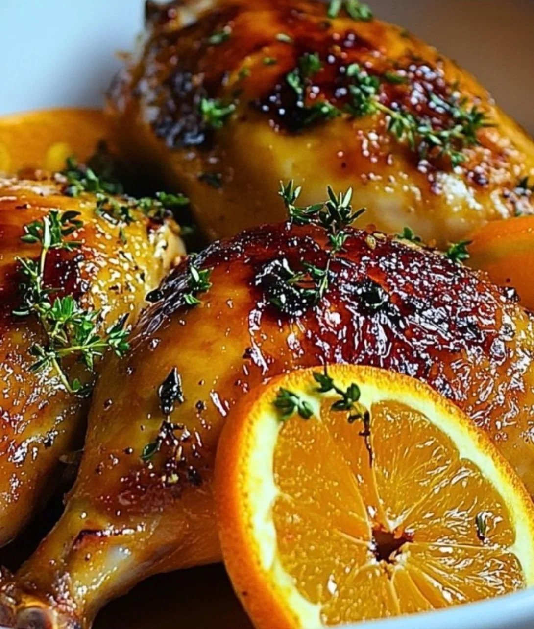Delicious roasted orange chicken garnished with fresh herbs and citrus slices