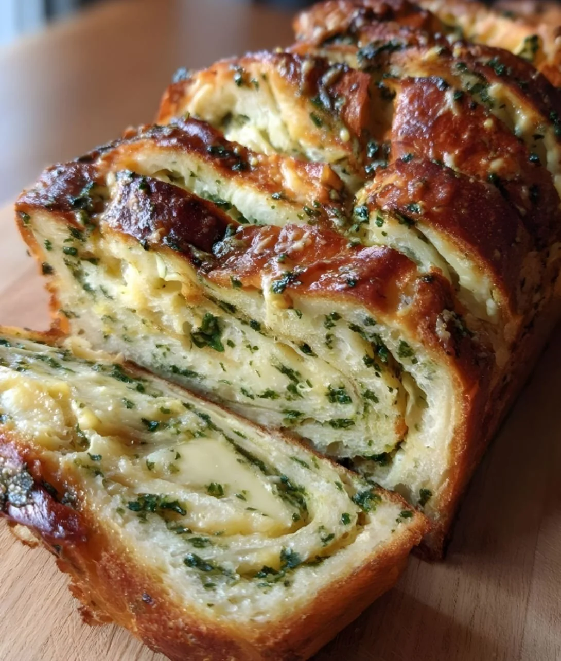 Swirled garlic herb cheese bread fresh from the oven.