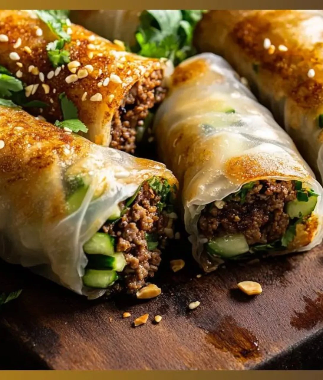 Delicious Thai Basil Beef Rolls garnished with fresh basil leaves