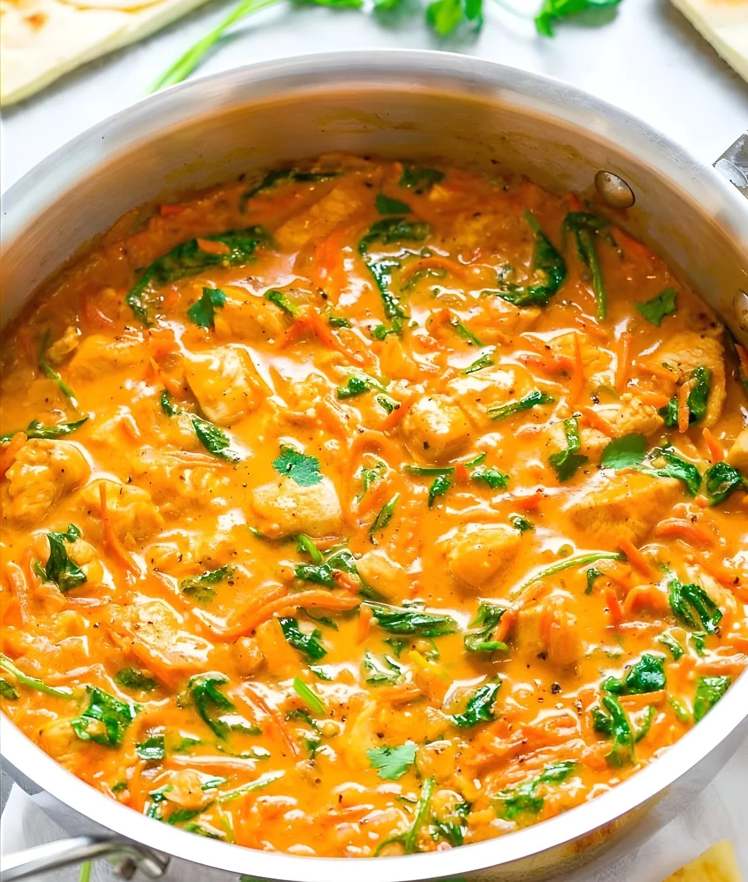Bowl of Thai chicken coconut curry with fresh herbs and rice