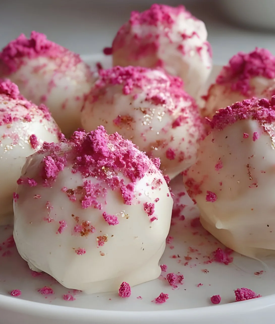 Delicious Valentine's Strawberry Champagne Truffles elegantly presented