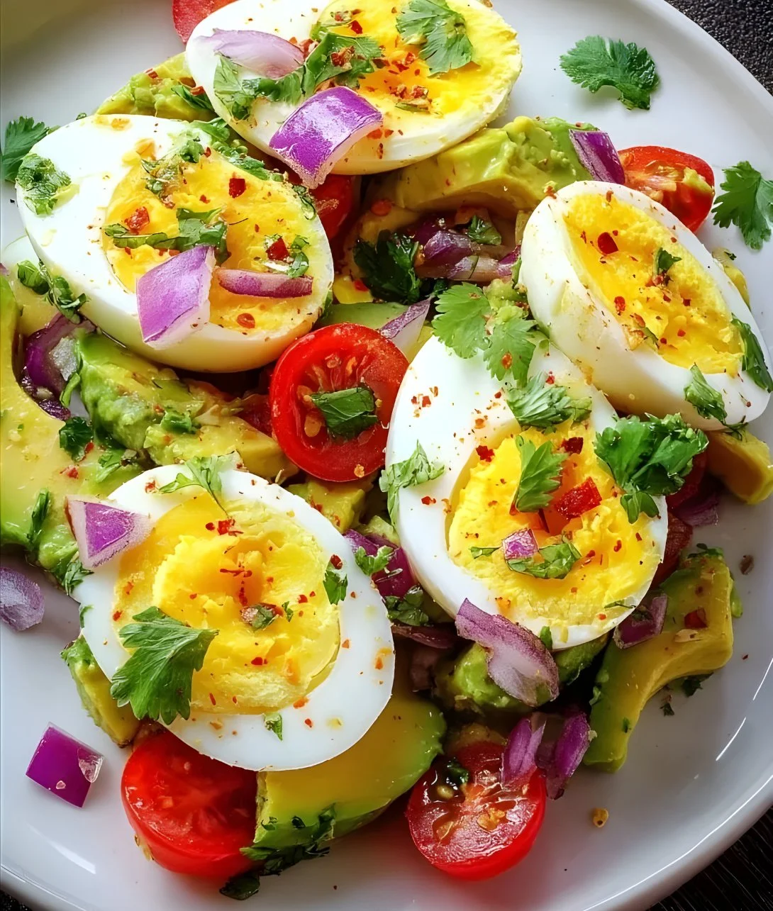 Healthy workout Egg Avocado Salad with eggs, avocados, and fresh vegetables.
