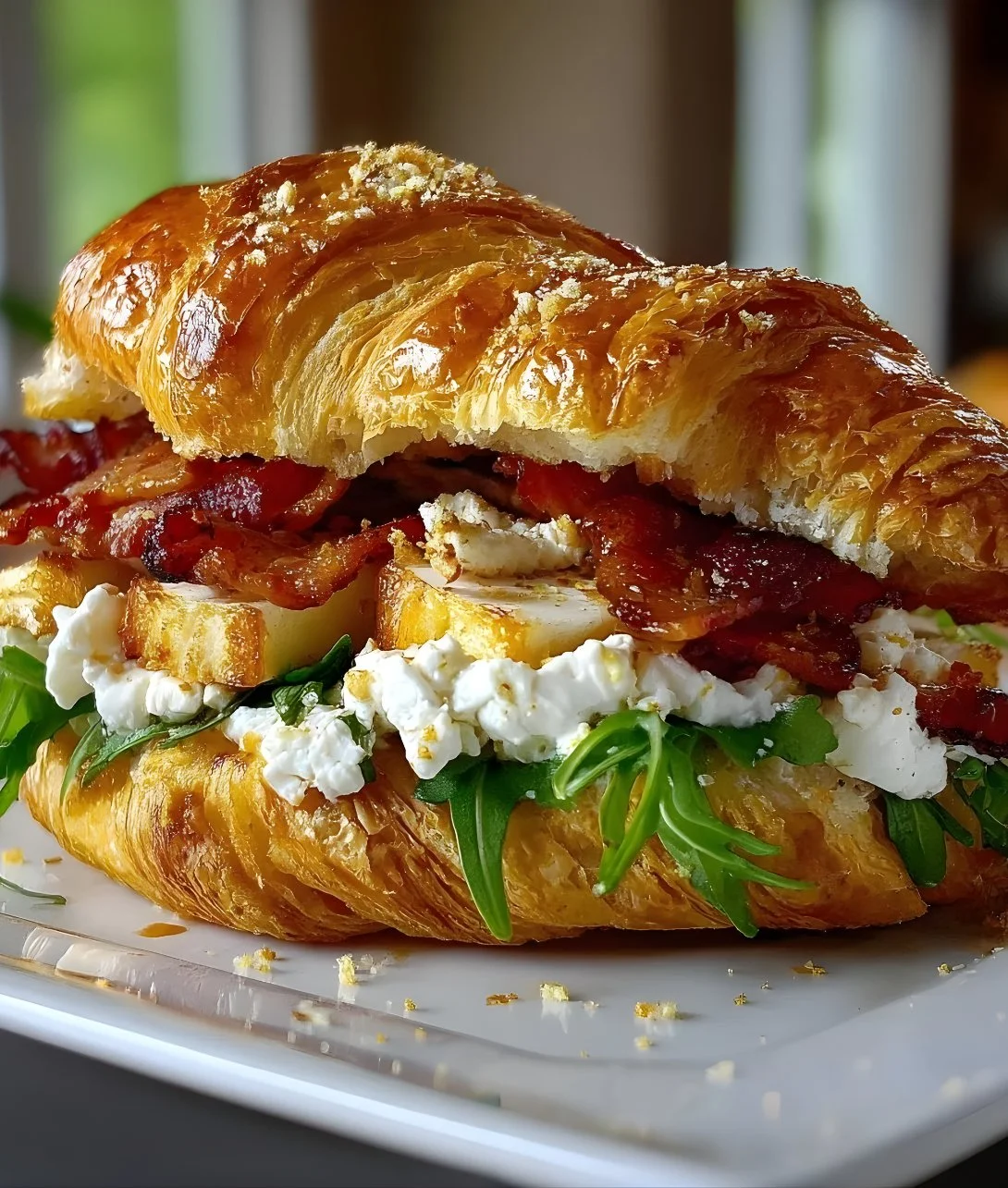 Apple and goat cheese croissant sandwich served on a plate
