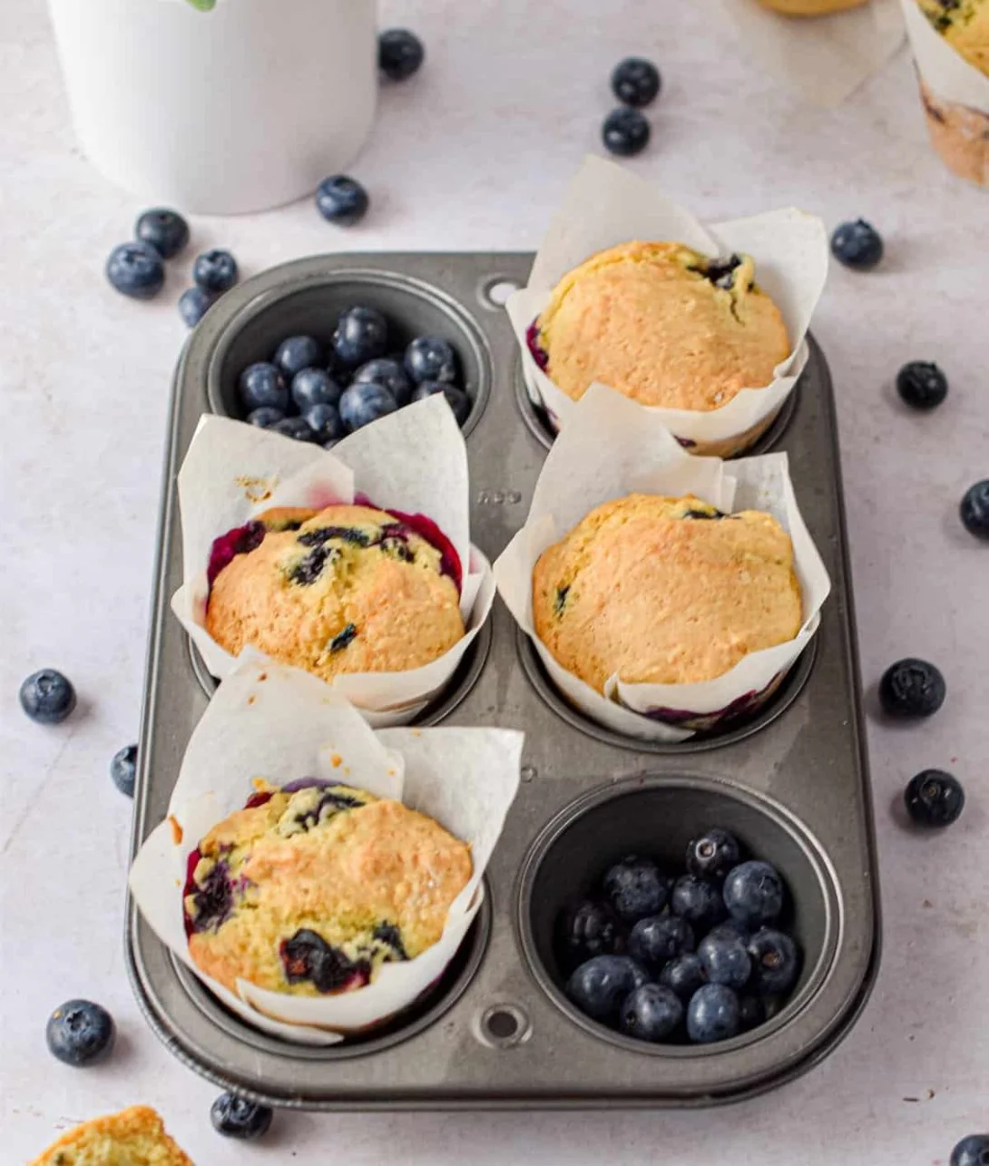 Bakery style sourdough blueberry muffins fresh out of the oven