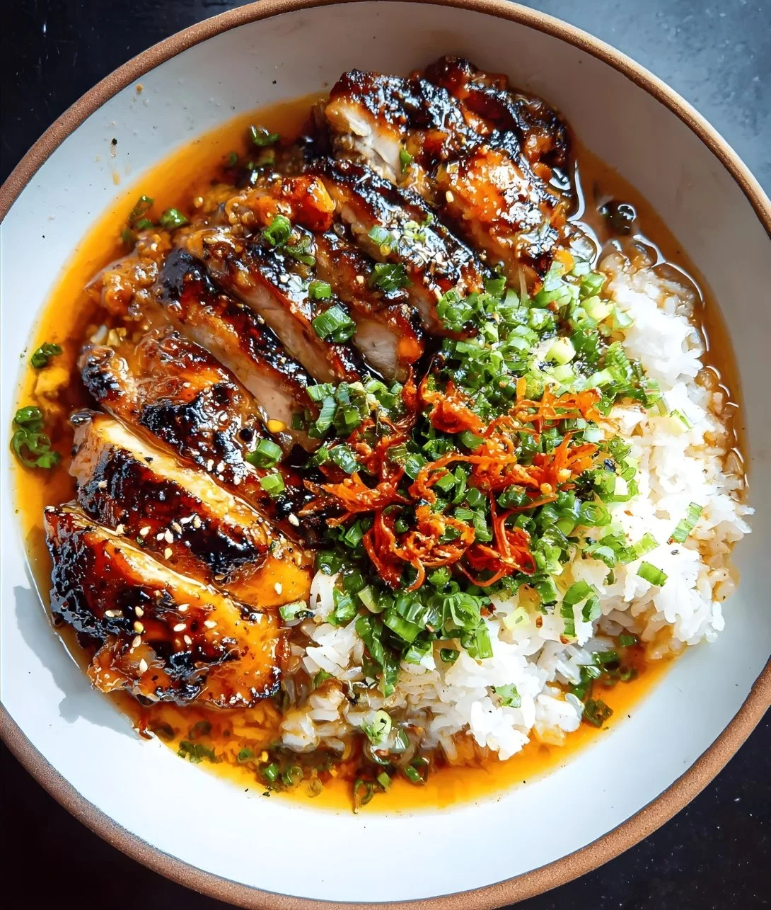 Caramelized soy chicken in garlic ginger broth served with rice