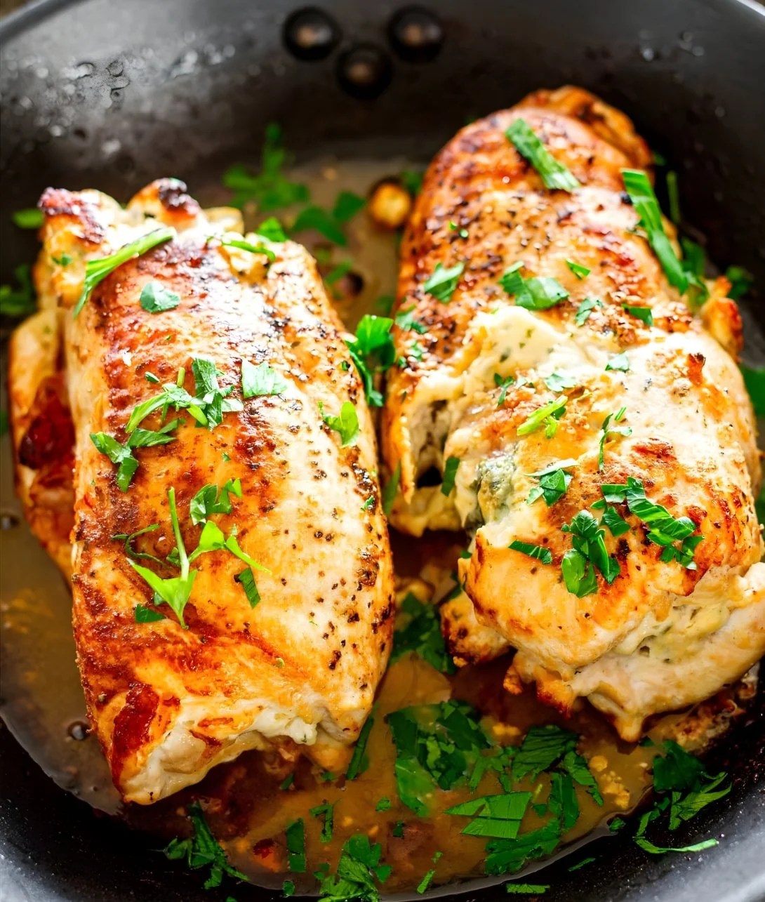 Cheese and prosciutto stuffed chicken breasts on a plate, garnished with herbs.
