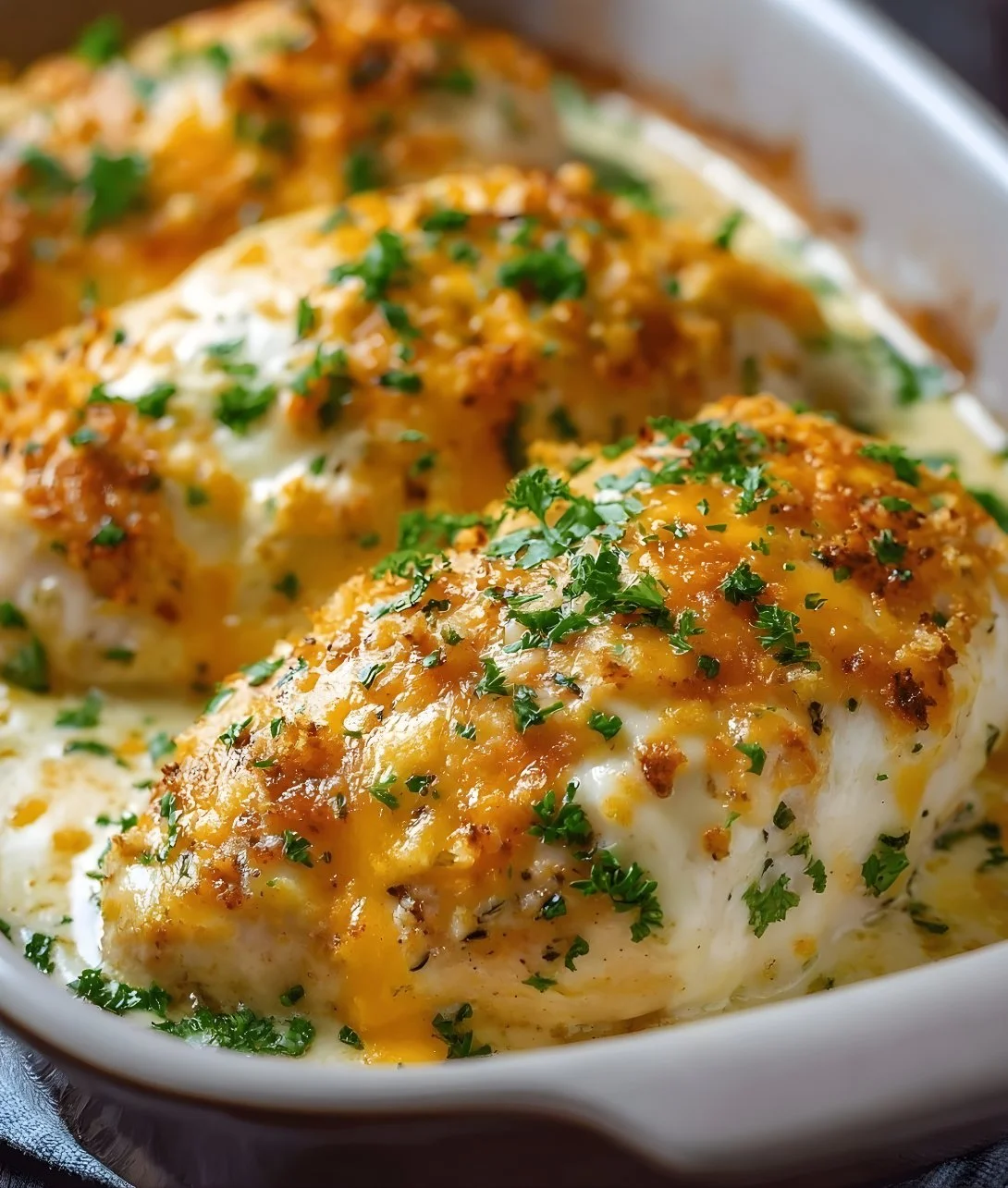 Cheesy sour cream chicken bake garnished with herbs