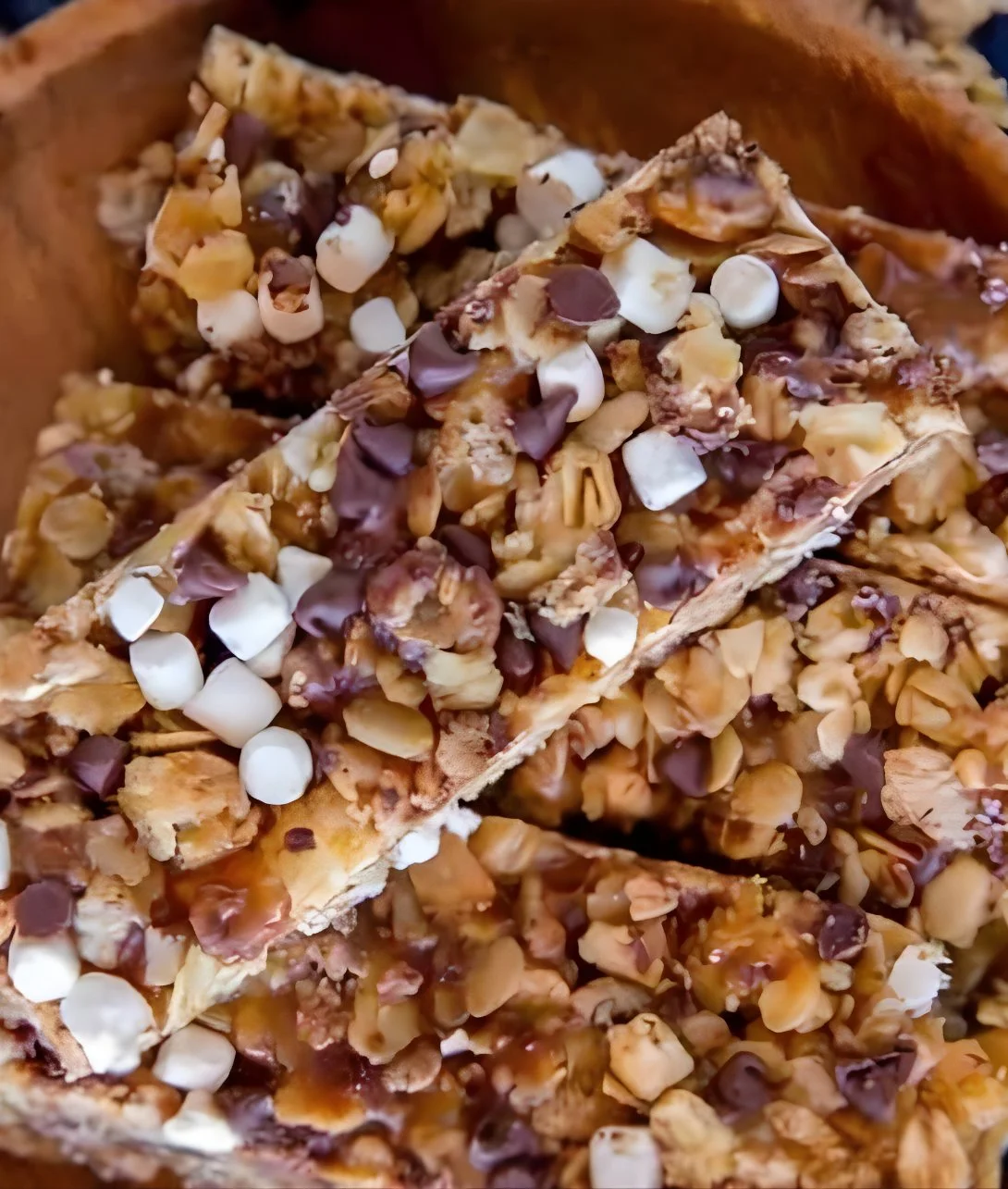 Chewy homemade granola bars made with oats, nuts, and honey.