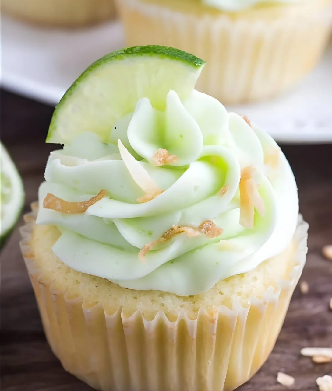 Coconut cupcakes with lime buttercream frosting on a rustic wooden table