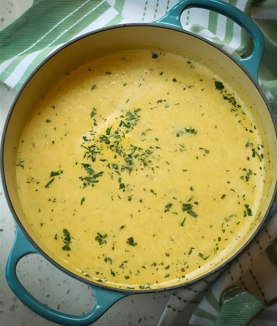 Bowl of creamy celery soup with fresh celery and herbs on a wooden table