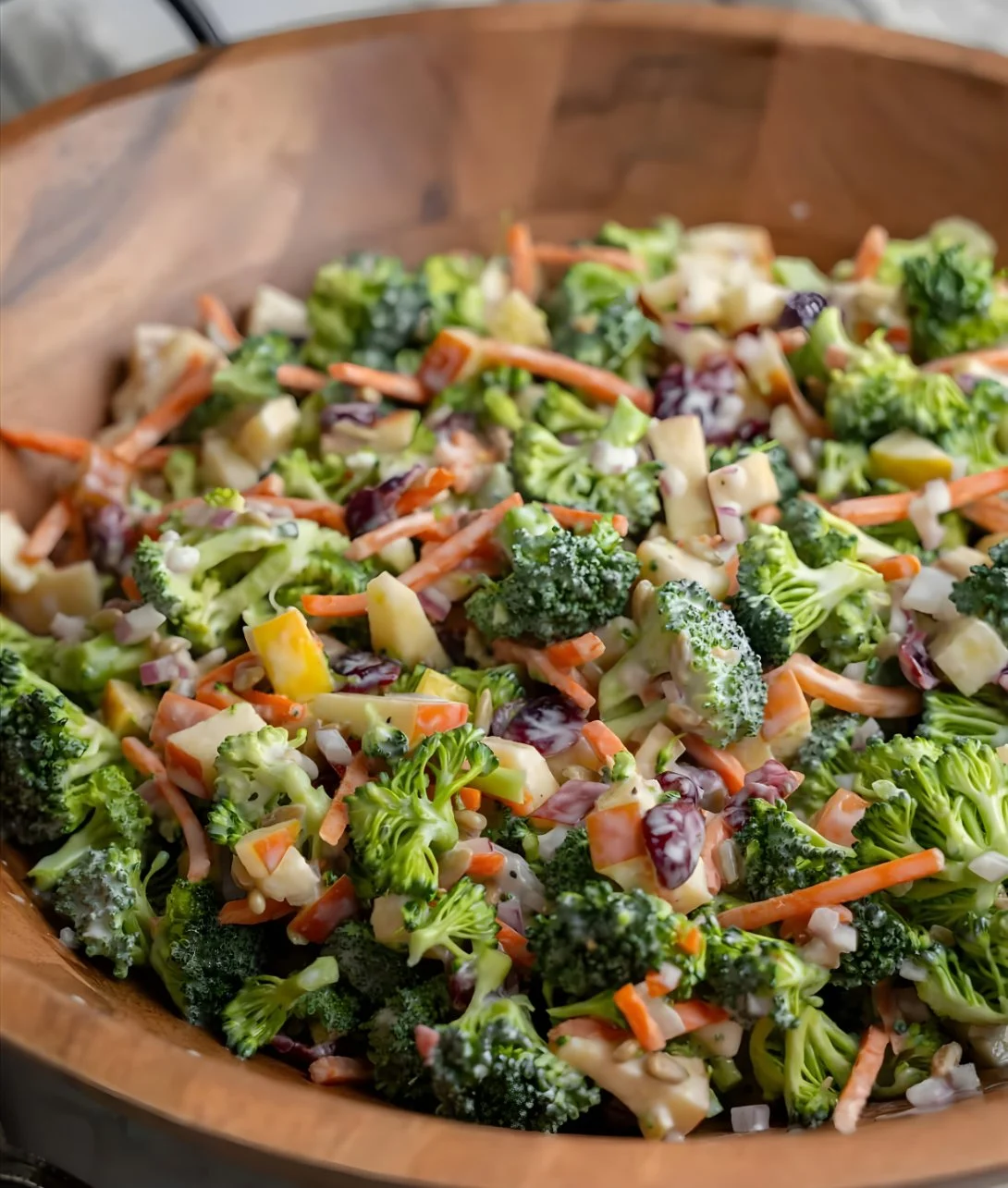 Creamy broccoli crunch salad with fresh ingredients and a delicious dressing.