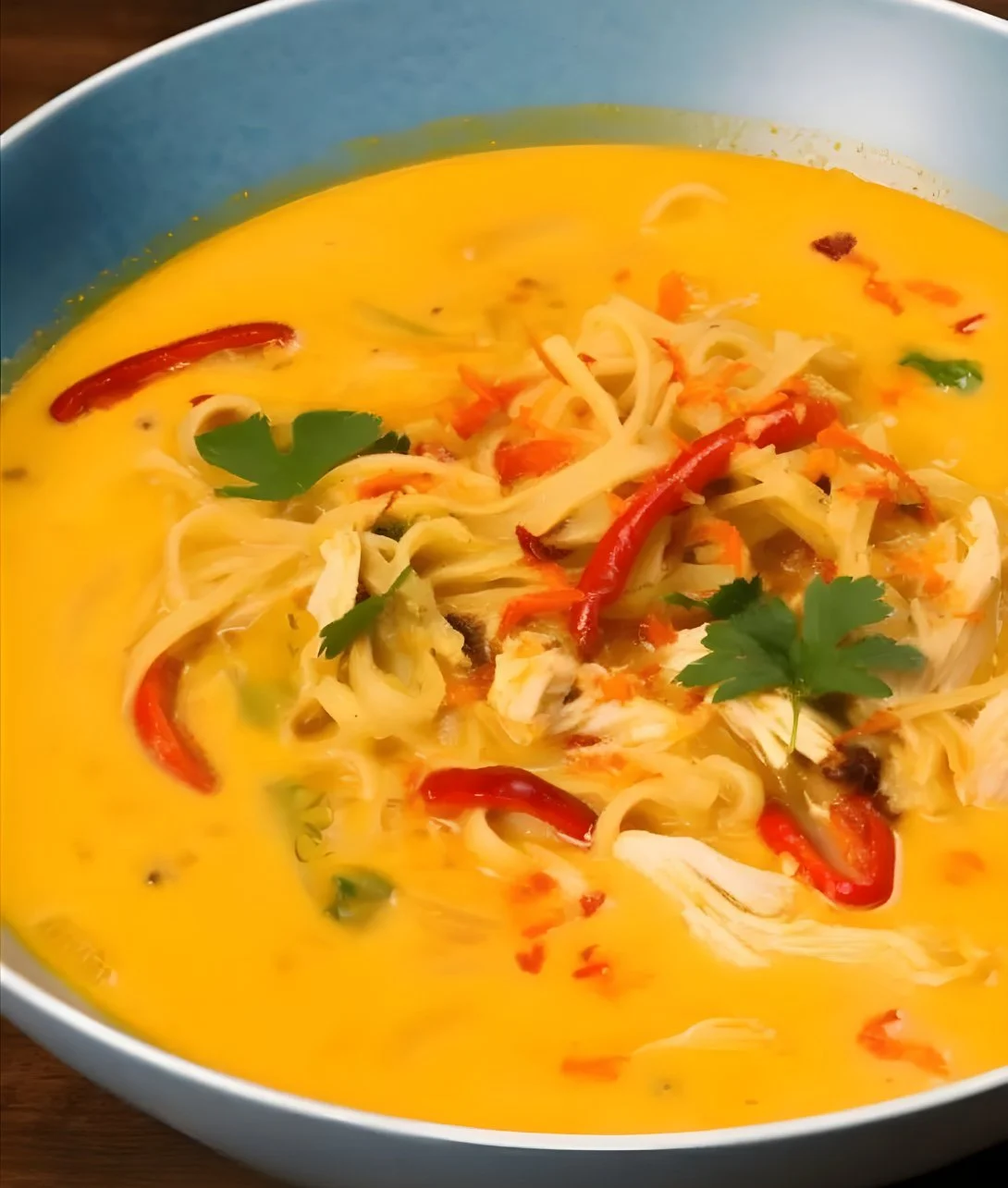 Creamy chicken noodle soup in a bowl with herbs and vegetables