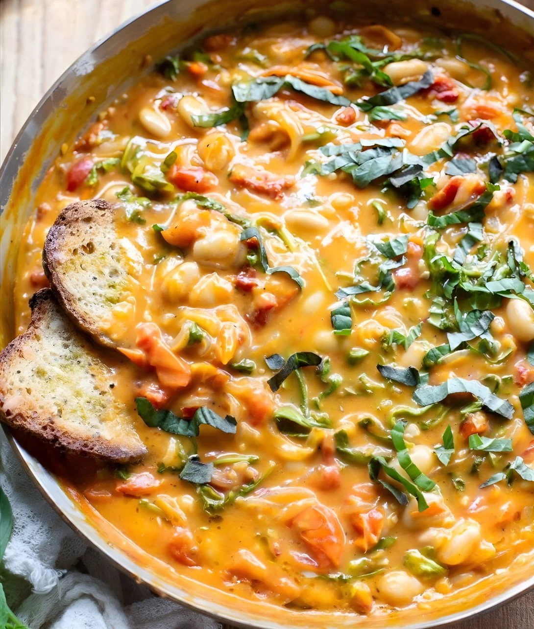 Bowl of creamy tomato white bean stew with fresh herbs and vegetables.