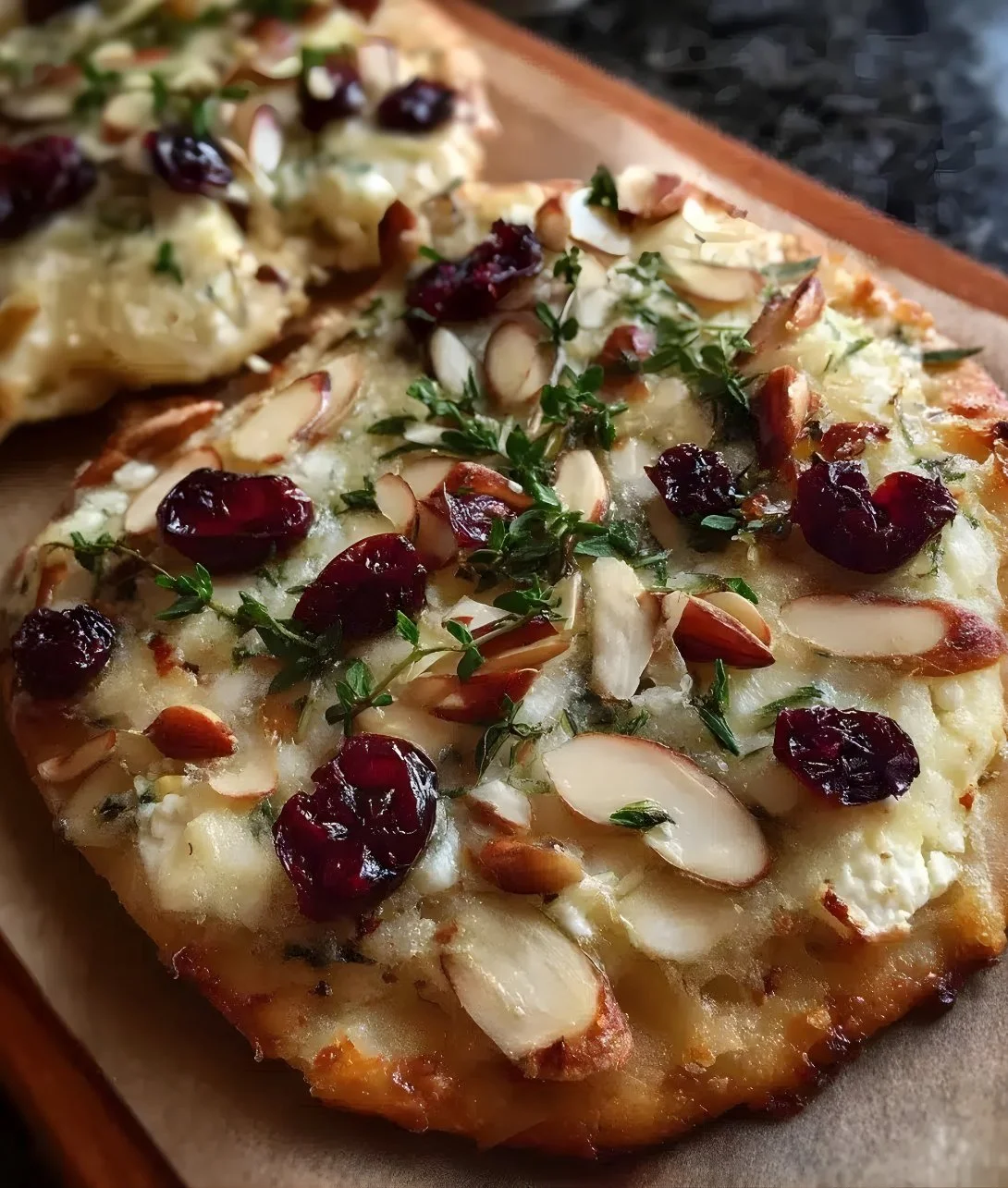 Crispy flatbread topped with brie cheese, cranberries, and toasted almonds