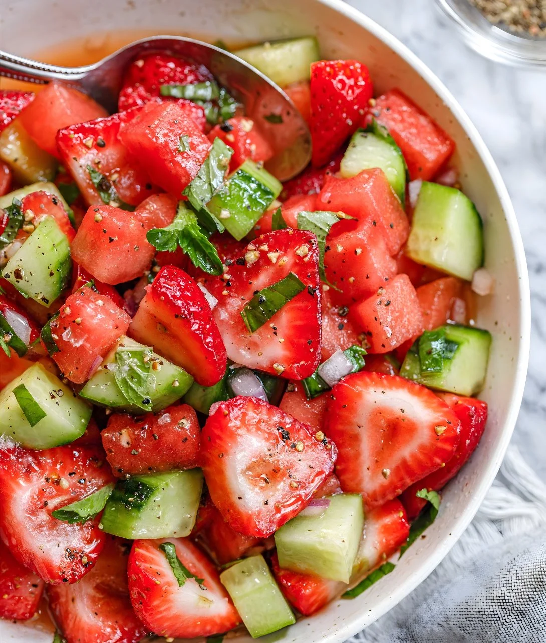 A vibrant Cucumber Strawberry Salad with fresh cucumbers and strawberries.